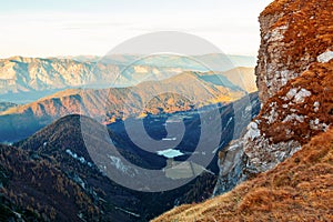 Beautiful view of the Mangart mountains at sunset, in the background from the beautiful peak