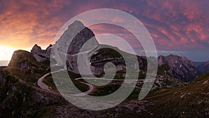 Beautiful view of the Mangart Saddle, Triglav National Park, Slovenia at sunset