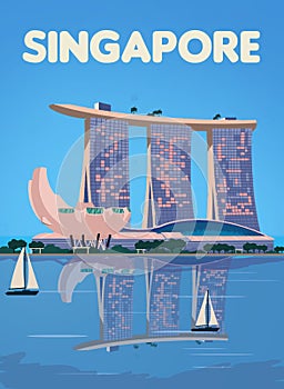 Beautiful view Marina bay Singapore ilustration travel poster