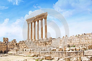 Beautiful view of the Massive columns of the Temple of Jupiter in the ancient city of Baalbek