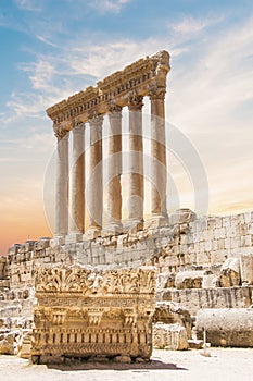 Beautiful view of the Massive columns of the Temple of Jupiter in the ancient city of Baalbek