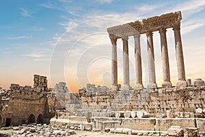 Beautiful view of the Massive columns of the Temple of Jupiter in the ancient city of Baalbek