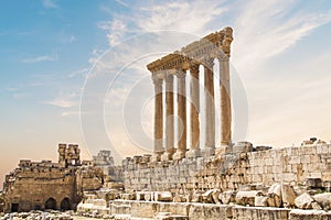 Beautiful view of the Massive columns of the Temple of Jupiter in the ancient city of Baalbek