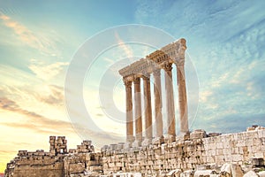 Beautiful view of the Massive columns of the Temple of Jupiter in the ancient city of Baalbek