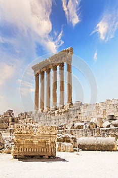 Beautiful view of the Massive columns of the Temple of Jupiter in the ancient city of Baalbek