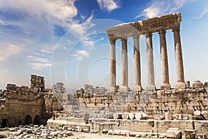 Beautiful view of the Massive columns of the Temple of Jupiter in the ancient city of Baalbek