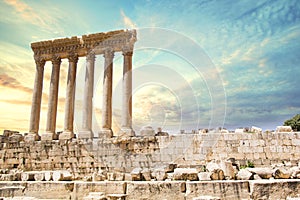 Beautiful view of the Massive columns of the Temple of Jupiter in the ancient city of Baalbek