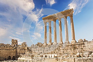 Beautiful view of the Massive columns of the Temple of Jupiter in the ancient city of Baalbek