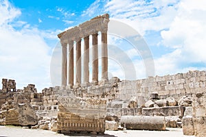 Beautiful view of the Massive columns of the Temple of Jupiter in the ancient city of Baalbek