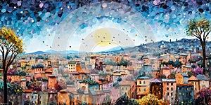 Beautiful view of the mediterranean old town. Digital horizontal oil painting, impasto