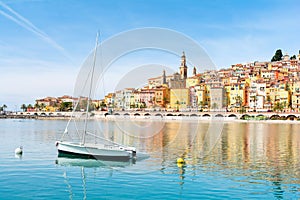 Beautiful view on Menton town on french riviera, cote d`azur, south France