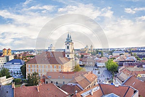 Beautiful view of the Minorit church and the panorama of the city of Eger, Hungary