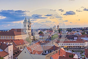 Beautiful view of the Minorit church and the panorama of the city of Eger, Hungary