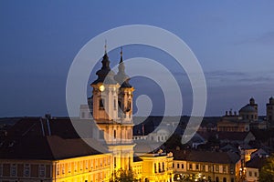 Beautiful view of the Minorit church and the panorama of the city of Eger, Hungary