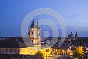 Beautiful view of the Minorit church and the panorama of the city of Eger, Hungary