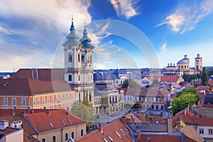 Beautiful view of the Minorit church and the panorama of the city of Eger, Hungary, at sunset