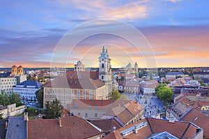 Beautiful view of the Minorit church and the panorama of the city of Eger, Hungary, at sunset