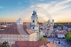 Beautiful view of the Minorit church and the panorama of the city of Eger, Hungary, at sunset