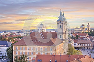 Beautiful view of the Minorit church and the panorama of the city of Eger, Hungary, at sunset