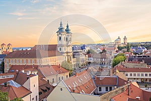 Beautiful view of the Minorit church and the panorama of the city of Eger, Hungary, at sunset