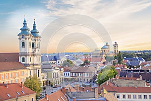 Beautiful view of the Minorit church and the panorama of the city of Eger, Hungary, at sunset