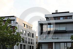 Beautiful view of modern buildings with big windows outdoors