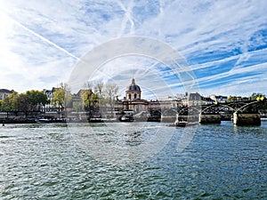 Beautiful view of modern buildings near Seinne river in Paris, France photo