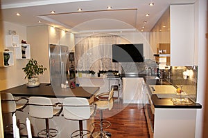 Beautiful view of modern kitchen interior. Small cozy area of an apartment. Nice home design.