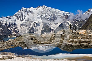 Beautiful view of Monte Rosa with snow and Lago Smeraldo in the summer season in Valle Anzasca photo