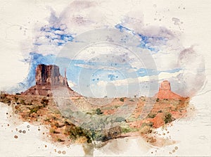 Beautiful view of Monument Valley in Utah/Arizona with white clouds and blue sky. Watercolor illustration