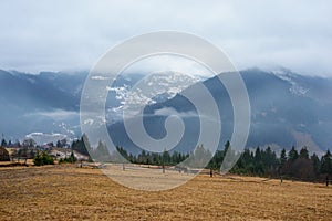 Beautiful view with morning fog in early spring, in Carpathian mountains, in Transylvania, Romania photo