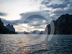 Beautiful view mountain lake and river from boat in Ratchaprapa dam, Khoa Sok National Park, Surat Thani