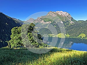 Beautiful view of mountain peaks Turner and Diethelm of over the alpine lake Wagitalersee Waegitalersee, Innerthal