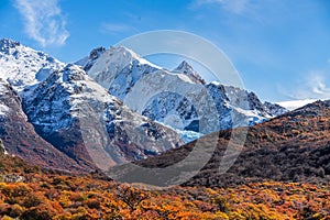 Beautiful view of mountain range with white snow peak with colorful red orange leaves tree in sunny blue sky day, autumn, El