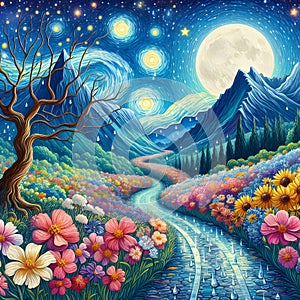 A beautiful view of a mountain road, with blossom flowers, with Van Gogh starry night, moon, tree, wildplants, painting art photo