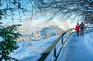 Beautiful view from mountain of Salzburg skyline in winter, Austria