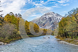 beautiful view of mountain with snow and fog with blue river and