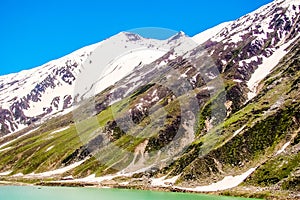 Beautiful view of mountainous lake Saiful Muluk in Naran Valley, Mansehra District, Khyber-Pakhtunkhwa, Northern Areas of Pakistan