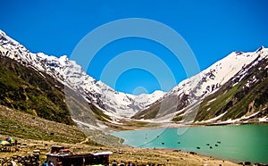 Beautiful view of mountainous lake Saiful Muluk in Naran Valley, Mansehra District, Khyber-Pakhtunkhwa, Northern Areas of Pakistan