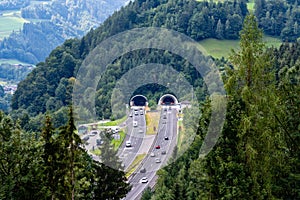 Beautiful view of mountains and entrance to autobahn tunnel