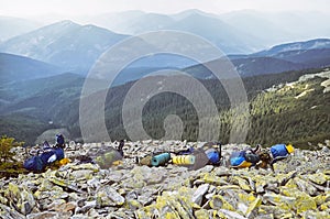 Beautiful view of the mountains .Many backpacks of hikers