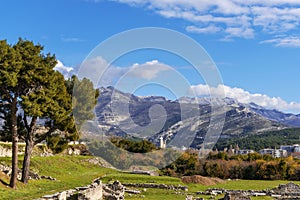 Beautiful view of mountains and Roman ruins of ancient town of Salona. Solin, Croatia