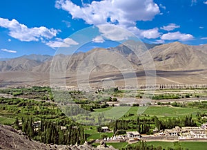 Beautiful view of mountains, Shyok river and houses in Hunder village near Diskit, Ladakh, India