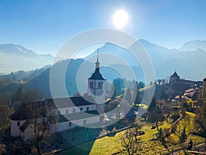 A beautiful view on mountains and a village church