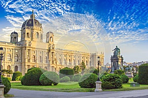 Beautiful view of the Museum of Art History and the bronze monument of the Empress Maria Theresa in Vienna, Austria