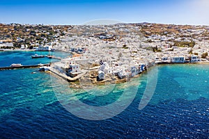 Beautiful view of Mykonos island town during summer time, Greece