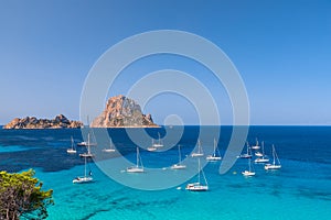 Beautiful view of the mysterious island of Es Vedra. Ibiza, Balearic Islands. Spain