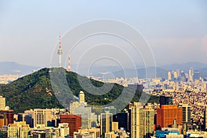 Beautiful view of Namsan tower from the Asan Mountain, Seoul, South Korea