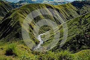 Beautiful view of a narrow river flowing through verdurous and high mountains in summer