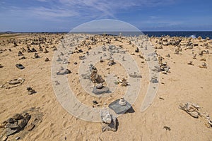 Beautiful view of northern coast of Caribbean Sea of island of Aruba with small cairns lined.